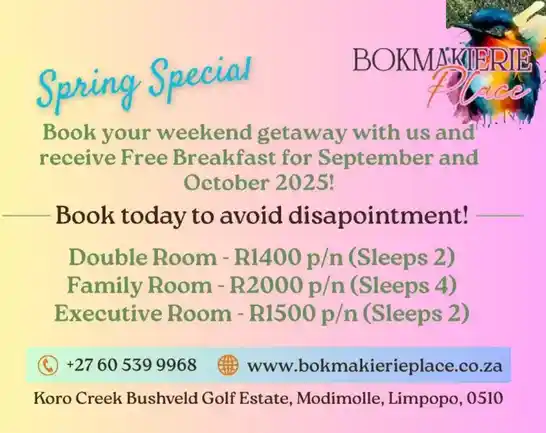 Spring Special at Bokmakierie Place Nylstroom