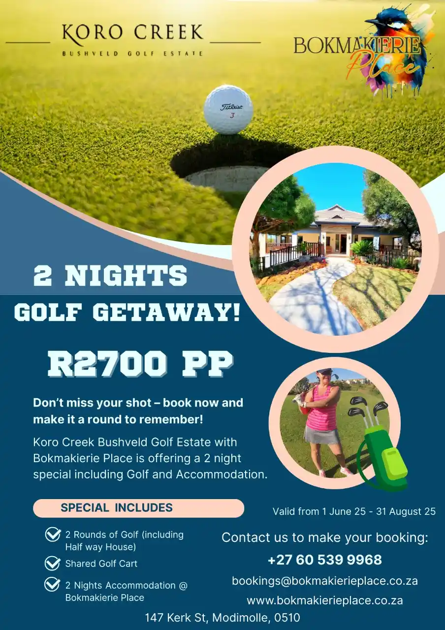 Golfing in Modimolle: 2-Night Golf Getaway at Bokmakierie Place Golfing in Modimolle: 2-Night Golf Getaway at Bokmakierie Place